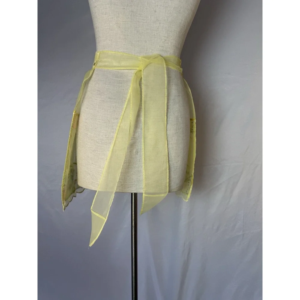 Vintage 50s Half‎ Apron Sheer Yellow Floral Embossed Organza Retro MCM 3 Pockets